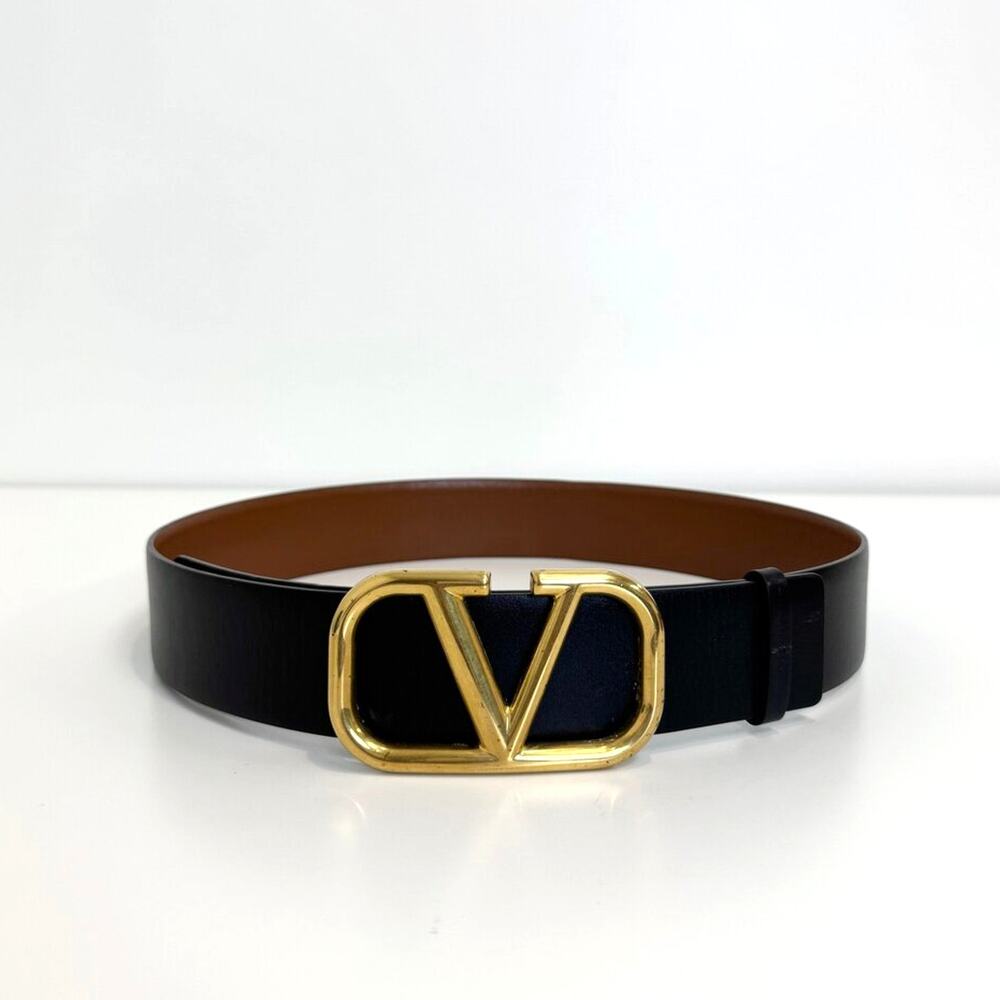 Valentino Garavani Reversible Gold VLogo Belt 90 Black/Brown Leather Buckle 36